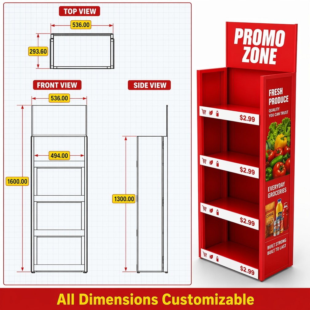 Apache Custom Retail Display Rack 4-Way 4-Tier Metal Aisle Merchandiser Knock Down End-Cap Stand for Grocery Store OEM ODM — view 4