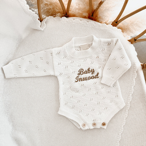 Pointelle Romper rajut, Sweater Romper lengan panjang leher Crew untuk bayi baru lahir - Product Image 5