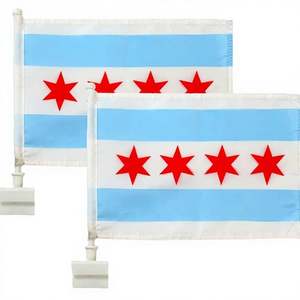 Lot de 2 drapeaux de voiture en polyester double face Chicago avec mât de 17 pouces, utilisation extérieure, clip de fenêtre, convient à la plupart des voitures - Product Image 1