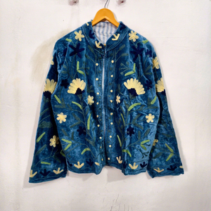 Veste à col mandarin en velours floral brodé de fleurs jaunes et de feuilles vertes, manteau d'automne à manches longues pour femmes - Product Image 1