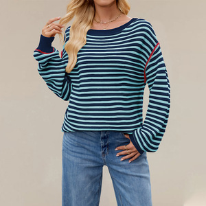 2025 <span class=keywords><strong>Vintage</strong></span> rayé haut tricoté pour femmes européen américain automne hiver vente chaude à manches longues <span class=keywords><strong>pull</strong></span> col ample <span class=keywords><strong>pull</strong></span> - Product Image 3