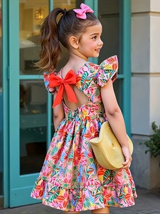 Vestido Estampado para Niñas, Verano 2026, Estilo Princesa con Lazo, Falda Moderna, Estilo Vacaciones en la Playa - Product Image 5