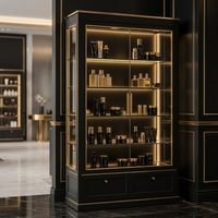 Vitrine de présentation de luxe noire et or avec éclairage LED et étagères en verre pour cosmétiques, idéale pour les boutiques de détail
