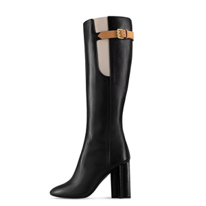 Retro High Chunky Heels Long Booties Metal Belt Buckles Side Zipper Patchwork Shoes Women Square Toe Knee High <b>Boots</b> - Product Image 1