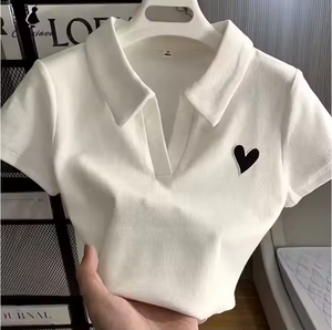 Aime la broderie T-shirt Polo col Orthoshoulder Slim Hotsweet Amérique mode Hottie Simple décontracté en gros Polo pour femmes - Product Image 2