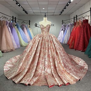 Dy1594 Gorgeous Champagne Red Floral Brocade Ball Gown <b>Quinceanera</b> <b>Dress</b> With Beaded Sweetheart Jancember - Product Image 2