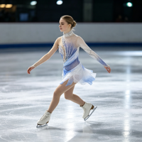 Robe de patinage artistique à col haut et manches longues, dégradé bleu et blanc, avec strass et maille, pour compétition et spectacle (adultes et enfants)