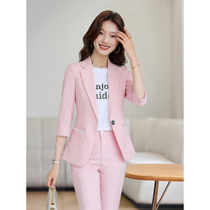 Women's Three Quarter Sleeve <b>Blazer</b> And Pants <b>Set</b> Grey Anti Wrinkle Formal Suit For Commute Spring Summer Autumn - Product Image 2