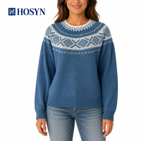 Pull ras du cou jacquard Fair Isle bleu nordique pour femme, coupe décontractée, tricoté avec bordure côtelée, OEM/ODM