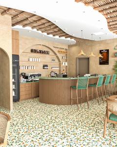 Diseño Interior Personalizado para Cafetería Tropical Estilo Wabi Sabi, Muebles para Barra de Café, Madera Sólida, Terrazo, Microcemento, Equipamiento Completo para Cafetería - Product Image 2