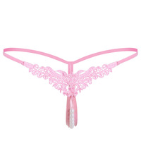 Lingerie sexy pour femme avec grandes perles, broderie, string à entrejambe ouvert, taille basse, nœud, perles, pour adultes