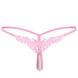Lencería sexy de perlas grandes para mujer, tanga bordada con abertura en la entrepierna, tanga de tiro bajo con lazo, perlas y detalles para adultos. - Product Image 2