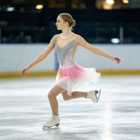 Robe de patinage et de danse pour enfants et adultes, dégradé rose et blanc, maille nude, manches longues, strass, jupe superposée, pour compétition et spectacle de patinage sur glace