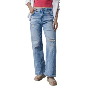 Latest Female Jeans Straight Leg Blue Extra Long Denim Trousers for Women