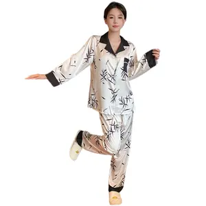 Spring ladies silk thin pajamas simple black and white bamboo leaf print women's satin home wear long sleeve trousers night suit