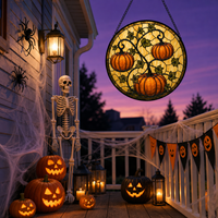 Décoration de fenêtre en vitrail à suspendre, motif citrouille orange et feuilles de vigne d'Halloween, 9*9cm/16x16cm/20x20cm/25x25cm/30x30cm