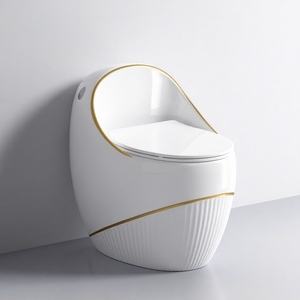 Hochwertiges Luxus-Design Bodenmontiertes WC Weiß mit Goldlinie Eiförmiges Wasserklosett Badezimmer Keramik Einteiliges Toilettenbecken - Product Image 2