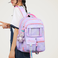 Mochila Escolar para Niñas 2026, con Abertura Tipo Refrigerador, Impermeable, Degradado Rosa, Kawaii, con Colgante de Peluche
