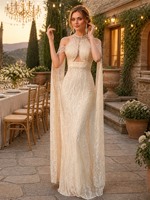 Robe de soirée sirène ivoire perlée à col montant, dos nu, manches cape transparentes, pour soirée formelle, vente en gros