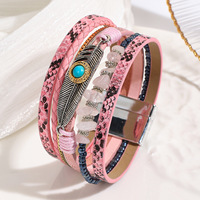 Bracelet enveloppant pour femme de style bohème vintage, de haute qualité, avec pierre naturelle et fermoir magnétique en cuir turquoise