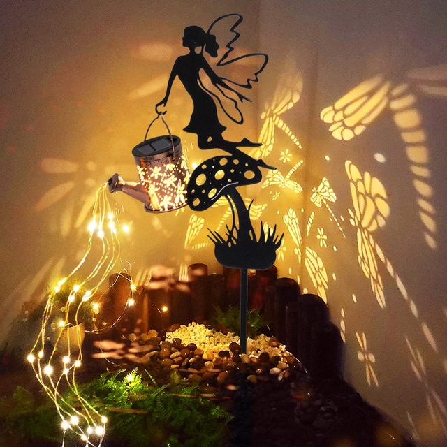 Solar Garden Lantern Metal Watering Can Design with Fairy Angel and 36 Warm White LEDs for Lawn Walkwayand Outdoor Lawn Lighting