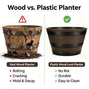 Maceta de Plástico con Imitación de <span class=keywords><strong>Madera</strong></span>, Decorativa para Hogar y Jardín, Maceta Tipo Barril - Product Image 6
