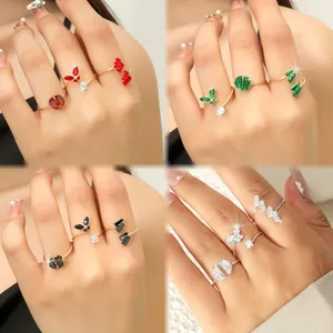 Set Perhiasan Cincin Jari Terbuka Wanita Dapat Disesuaikan Cz Cincin Buku Jari Kupu-kupu Zirkon Kristal Berkilau 3 Pasang