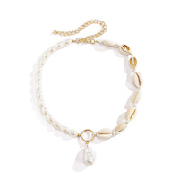 Collier élégant minimaliste en coquillages, plaqué or, avec chaîne de perles et pendentif coquillage pour femme - Vente en gros