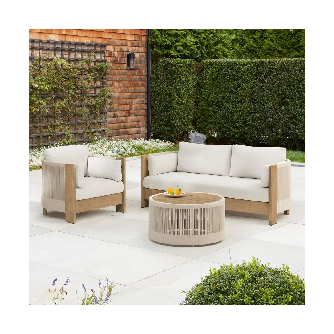 High Quality Hotel Home Garden Furniture Outdoor Courtyard Rope And Teak Solid Wood Frame Patio Club Chair With Cushion