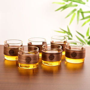 Ly trà thủy tinh borosilicat cao cấp Nhật Bản, vân dọc, viền gỗ óc chó, giữ nhiệt - Product Image 1