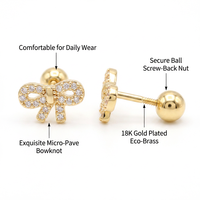 Boucles d'oreilles populaires 2026 à visser, mignonnes, en forme de papillon, avec zircon cubique, micro-boucles d'oreilles plates en or 18 carats pour fille