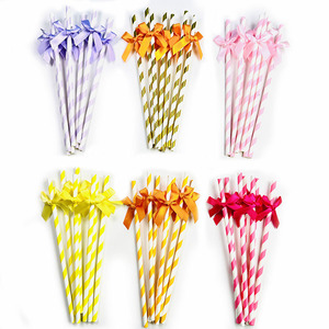 Creative Bow Paper Straws With Ribbon Biodegradable For Party Birthday Dessert Table Decorations - Product Image 1
