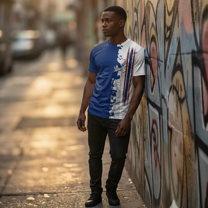 Men's Blue White Striped Crew Neck Short Sleeve Breathable <b>Polyester</b> <b>T</b>-<b>Shirt</b> Slim Fit All Seasons Digital Printing Front Logo - Product Image 1