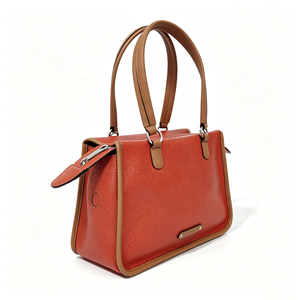 Women Terracotta Pebbled <b>Leather</b> Satchel Top Handle Tote Bag <b>Tan</b> Trim Silver Hardware Shoulder <b>Handbag</b> - Product Image 2