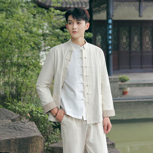 <span class=keywords><strong>Traje</strong></span> Tang Estilo Chino para Hombre, Conjunto de Tres Piezas, Diseño Sólido, Manga Larga, Cuello Alto, para Banquetes, Algodón y Lino, Primavera-Otoño - Product Image 2