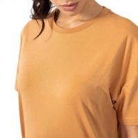 T-shirt femme col rond manches courtes couleur moutarde, coupe ample, 100% coton, jersey respirant, couleur unie, décontracté.