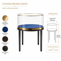 Support de présentation de bijoux en verre cylindrique rond personnalisé avec plateau en velours bleu et bordure dorée pour les magasins de bijoux en gros
