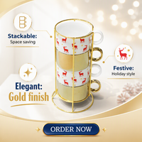 Ensemble de tasses en céramique empilables avec impression et mélange d'or miroir, motif renne rouge et étoile avec support doré, tasses à café de Noël pour fête du thé