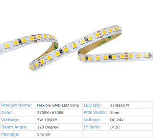 Bande LED flexible PARFAITE non étanche SMD2020 à double température de couleur réglable 2700K-6500K CRI90 haute densité 224LEDs/M 5mm DC24V - Product Image 2