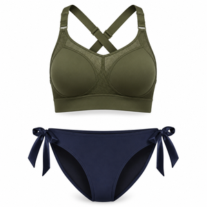 Conjunto de lencería deportiva de alto impacto para mujer, color oliva, con sujetador y braga con lazo lateral, absorción de impactos, espalda cruzada, para gimnasio y yoga - Product Image 1