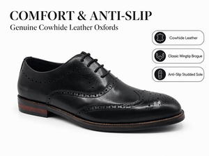 <b>Black</b> Genuine Leather Wingtip <b>Brogue</b> Oxfords for <b>Men</b> Lace Up Dress <b>Shoes</b> Round Toe Anti Slip Rubber Sole Office Career Business - Product Image 1
