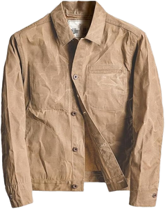 Chaqueta de lona retro para hombre, color caqui, con acabado de cera, bolsillos grandes con cuentas, 100% algodón, informal, de invierno, con cremallera, servicio OEM, cuello alto delgado - Product Image 1