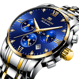 Montre de luxe pour homme avec accent doré, cadran bleu, bracelet en acier inoxydable, montre-bracelet pour messieurs - Product Image 3