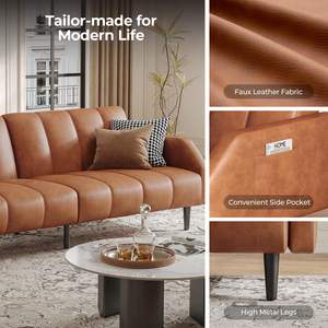 أريكة من الجلد الصناعي Futon قابلة للتحويل مع مسند ظهر قابل للتعديل في منتصف القرن <span class=keywords><strong>Loveseat</strong></span> مع - Product Image 4