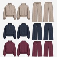 Ensemble 2 pièces OEM pour femme : Haut court à col roulé semi-zippé en maille côtelée de haute qualité et pantalon large à revers côtelés, avec logo personnalisé