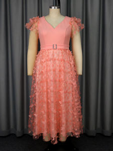 AM050509 Abito da Sera da <span class=keywords><strong>Donna</strong></span> Taglie Forti Rosa con Scollo a V, Maniche Corte, Applicazioni a <span class=keywords><strong>Farfalla</strong></span> e Cintura, Modello a Trapezio - Product Image 4