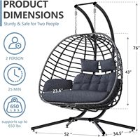 Fauteuil suspendu double en osier avec support, chaise hamac d'extérieur pour 2 personnes avec coussin