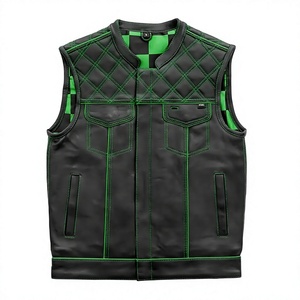 Men's Solid Black Green Quilted Genuine Leather Biker <b>Vest</b> with Pockets Windproof Motorcycle Outerwear Winter - Product Image 1