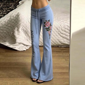 2026 New Women's Blue Flared Sweatpants Low Waist Drawstring Casual Trousers Floral Print Lettering Loose Fit Streetwear <b>Pants</b> - Product Image 3