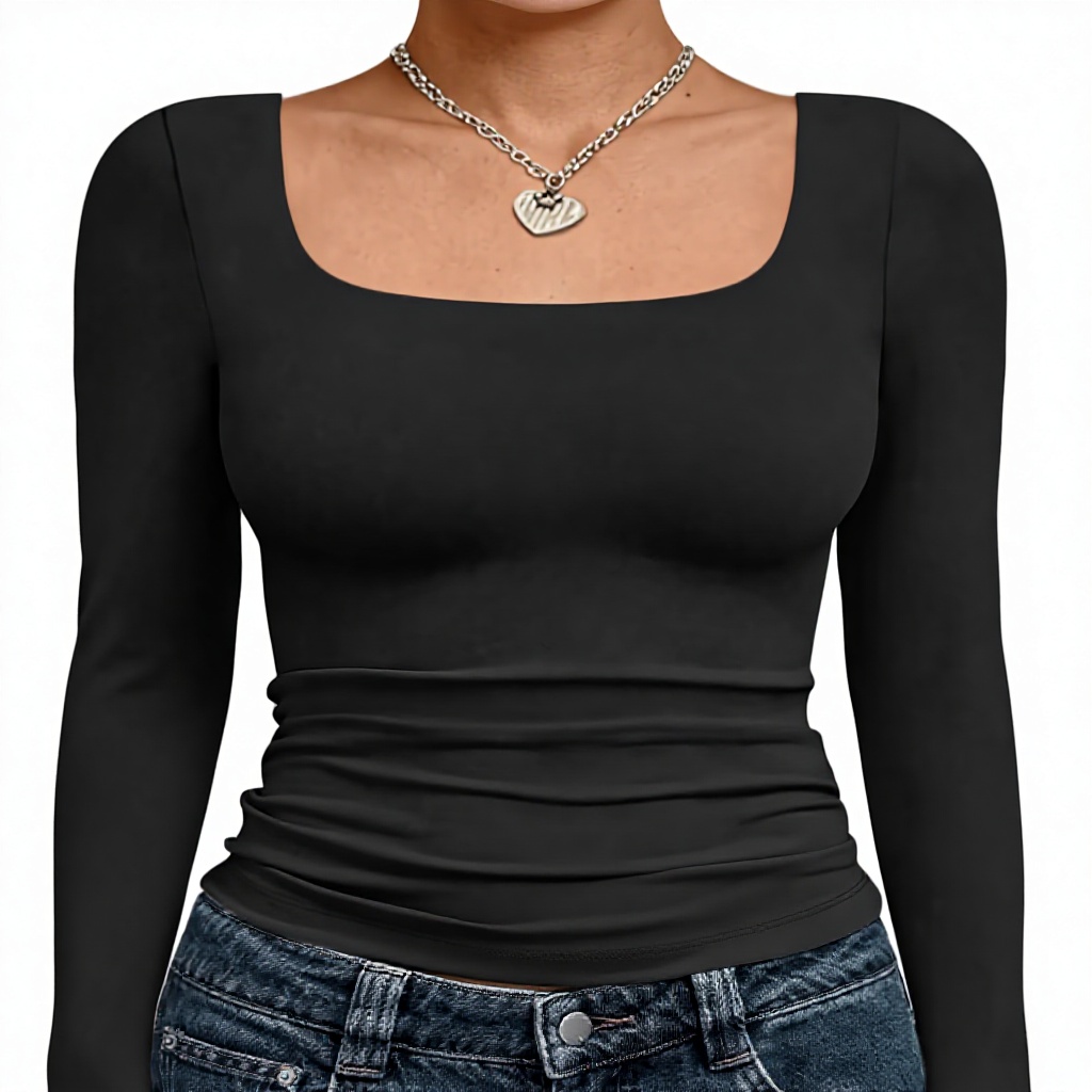 Trendy Cute Womens Jersey Long Sleeve Crop Tops Fall Fashion Solid Square Neck Going Out Basics Tees